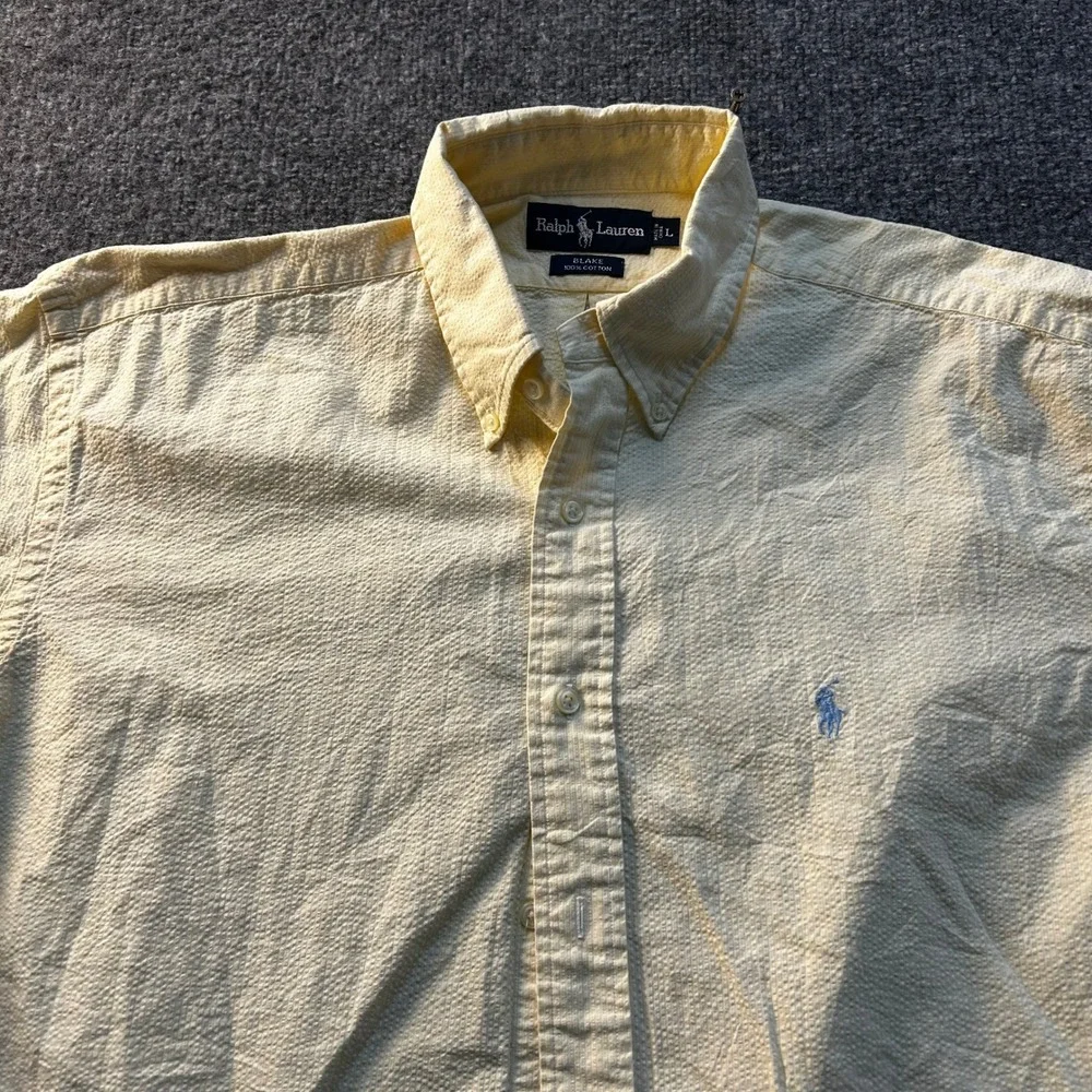Ralph Lauren Shirt Mens Size L Yellow Seersucker Blake Cotton Short Sleeve